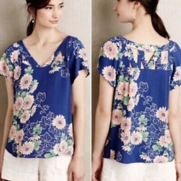 MAEVE By Anthropologie Floral Cutout Blouse Top Womens Sz 4 V Neck Short Sleeve - Picture 2 of 7
